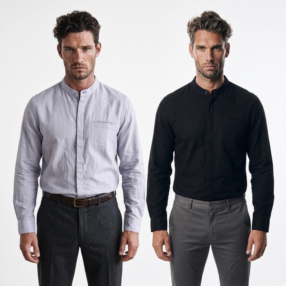 Jekaoyi Men 2 Pack Band Collar Linen Blend Shirts CS1049HS Black Light Blue L